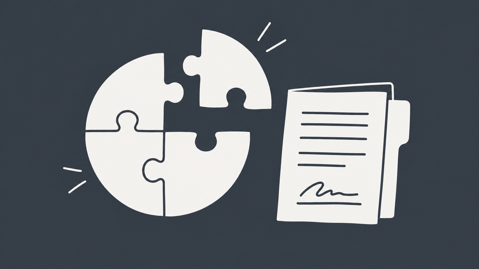 Flat illustration of differently sized puzzle pieces forming a company blueprint beside a signed folder, representing a founders agreement.