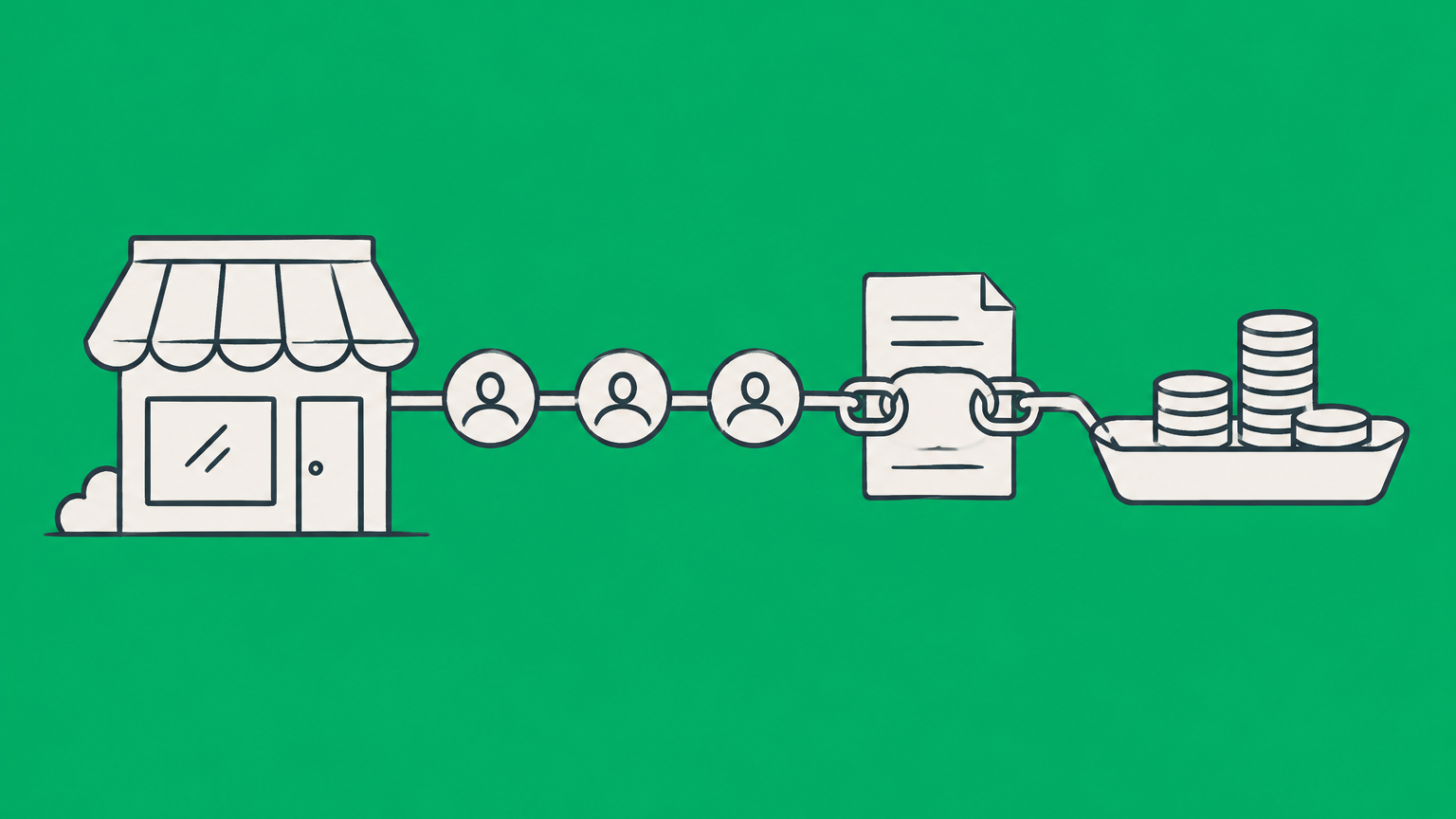 Flat illustration of a storefront, referral path, coin tray, and secured document representing an affiliate agreement.