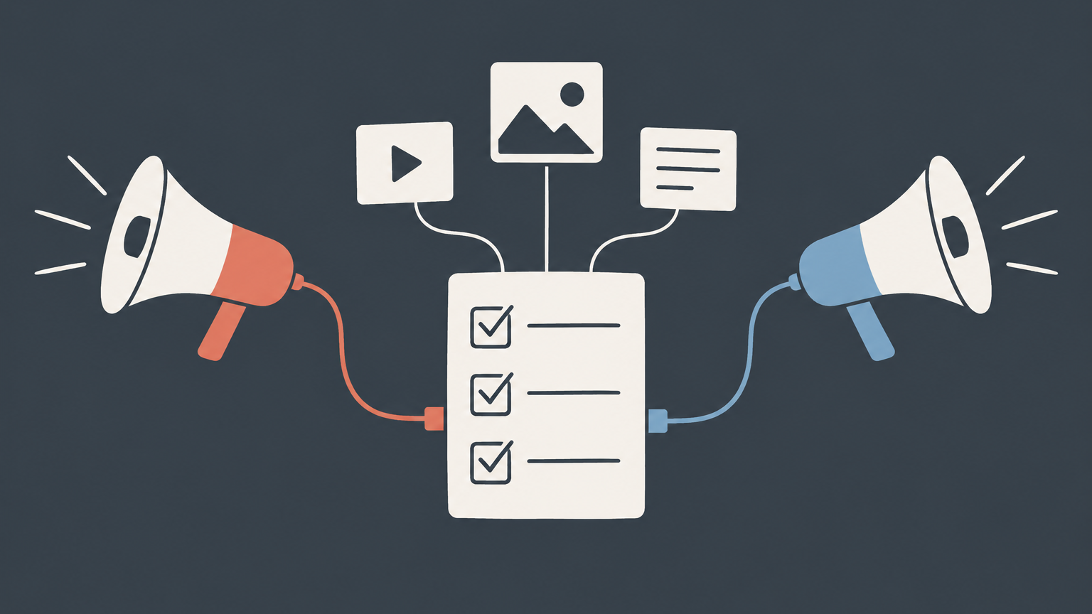 Flat illustration of two connected megaphones, a shared checklist, and campaign assets representing a co marketing agreement.