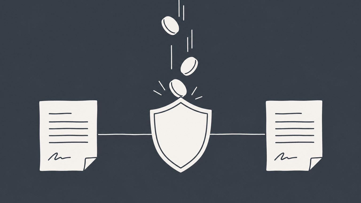 Flat illustration of two contract sheets connected by a shield catching falling coins to represent indemnification.