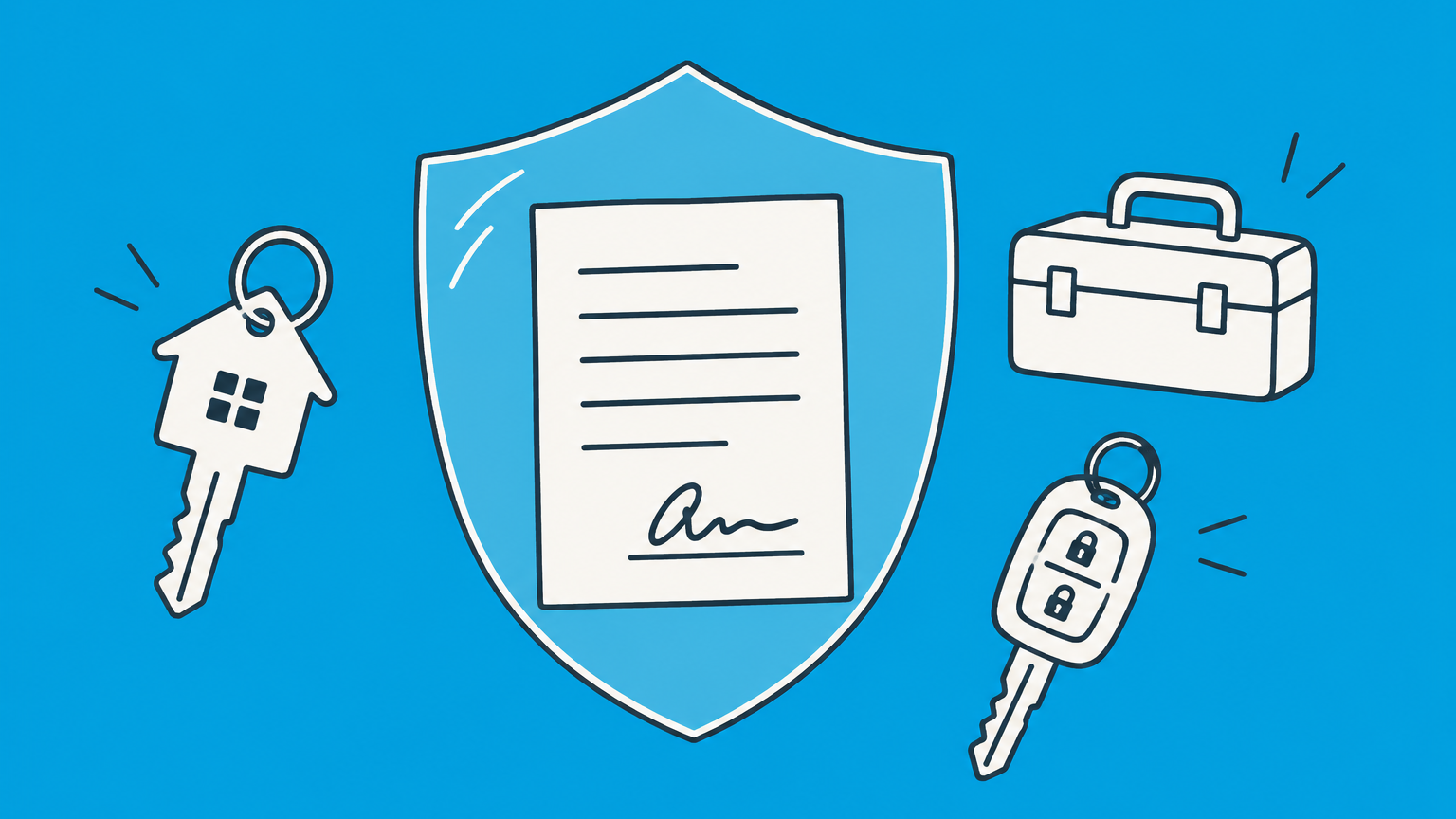 Flat illustration of a signed sheet protected by a transparent shield beside property, contractor, and vehicle objects representing a hold harmless agreement.